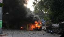 LUCKNOW, INDIA - DECEMBER 19: A vehicle burnes during an anti Citizenship Amendment Act (CAA) and National Register of Citizens (NRC) protest at Parivartan Chowk area on December 19, 2019 in Lucknow, India. The act seeks to grant Indian citizenship to refugees from Hindu, Christian, Sikh, Buddhist and Parsi communities fleeing religious persecution from Pakistan, Afghanistan, and Bangladesh, and who entered India on or before December 31, 2014. The Parliament had passed the Citizenship (Amendment) Bill, 2019 last week and it became an act after receiving assent from President Ram Nath Kovind. Since then, protests including some violent ones have erupted in various regions of the country, including the North East over the amended citizenship law. (Photo by Dheeraj Dhawan/Hindustan Times via Getty Images)