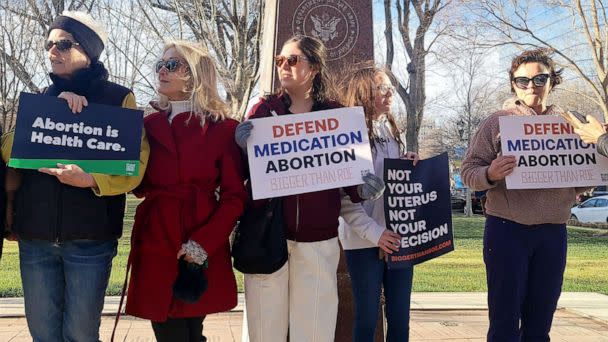 PHOTO: In this March 15, 2023, file photo, abortion rights advocates gather in front of the J Marvin Jones Federal Building and Courthouse in Amarillo, Texas. (Moises Avila/AFP via Getty Images, FILE)