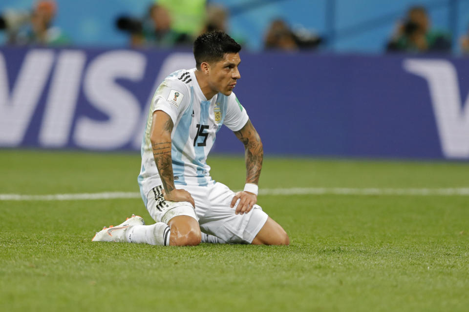 <p>Manuel Lanzini lies on his knees. (AP) </p>