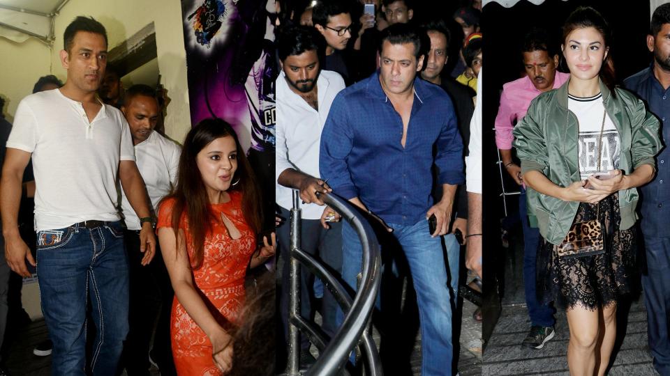 MS Dhoni with wife Sakshi, Salman Khan and Jacqueline Fernandez at the special screening of <i>Race 3. </i>