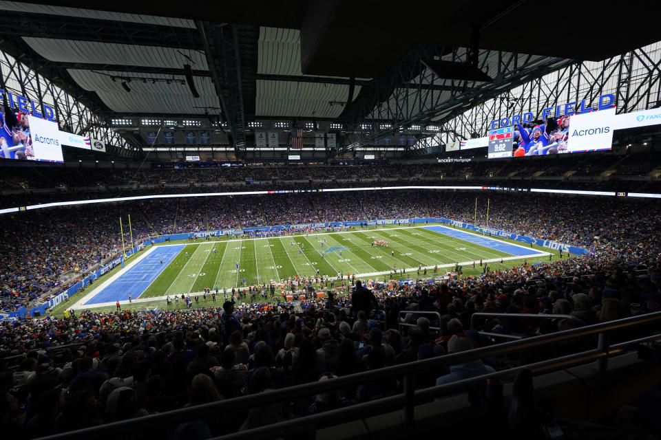 Interior of Ford Field during the first half of an NFL football game between the Buffalo Bills and the Cleveland Browns, Sunday, Nov. 20, 2022, in Detroit. (AP Photo/Carlos Osorio)