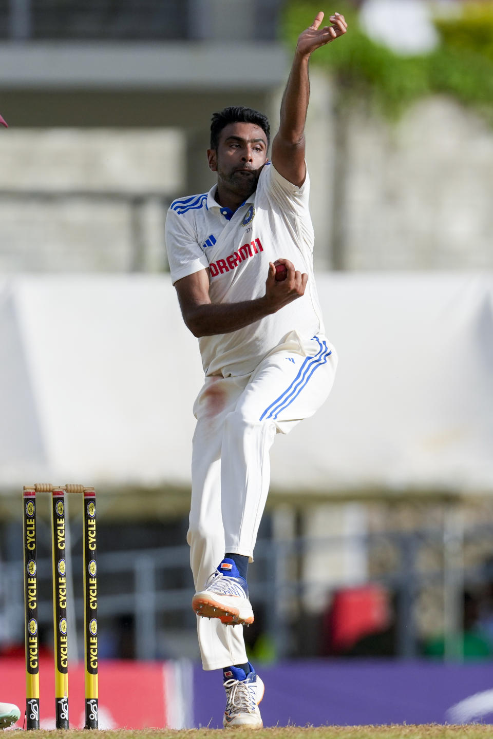 India's Ravichandran Ashwin bowls against West Indies on day three of their first cricket Test match at Windsor Park in Roseau, Dominica, Friday, July 14, 2023. (AP Photo/Ricardo Mazalan)