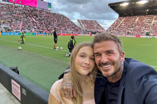 <p>David Beckham /Instagram</p> Beckham posted a photo with daughter Harper at the Inter Miami game on June 1