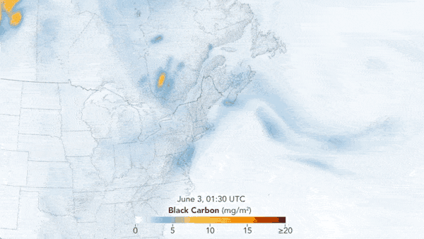 Satellite data tracks black carbon from wildfire smoke moving into the U.S. Northeast, June 3-8, 2023. <a href="https://earthobservatory.nasa.gov/images/151442/hazardous-air-chokes-northeastern-states" rel="nofollow noopener" target="_blank" data-ylk="slk:NASA Earth Observatory video by Lauren Dauphin;elm:context_link;itc:0;sec:content-canvas" class="link ">NASA Earth Observatory video by Lauren Dauphin</a>