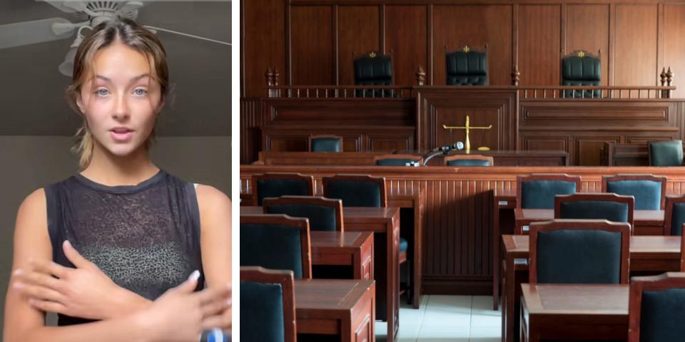 A screenshot of Ava Majury and a picture of an empty court room