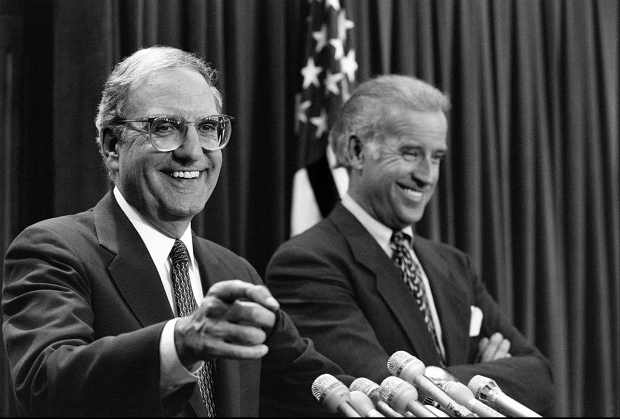 Sponsors of the 1994 crime bill, Senate Majority Leader George Mitchell, D-Maine, and Sen. Joe Biden, D-Delaware.