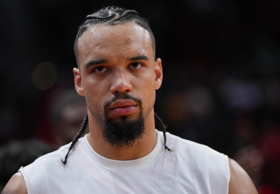 HOUSTON, TEXAS - NOVEMBER 04: Dillon Brooks #9 of the Houston Rockets looks on during warmups prior to the game against the Sacramento Kings at Toyota Center on November 04, 2023 in Houston, Texas. NOTE TO USER: User expressly acknowledges and agrees that, by downloading and or using this photograph, User is consenting to the terms and conditions of the Getty Images License Agreement. (Photo by Alex Bierens de Haan/Getty Images)