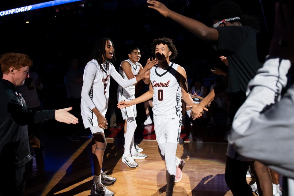 Central York sophomore guard Ryan Brown is introduced in the starting lineup during the PIAA Class 6A Boys Basketball Championship against Parkland at the Giant Center on March 23, 2024, in Hershey. The Panthers won, 53-51, to capture their first title in program history.