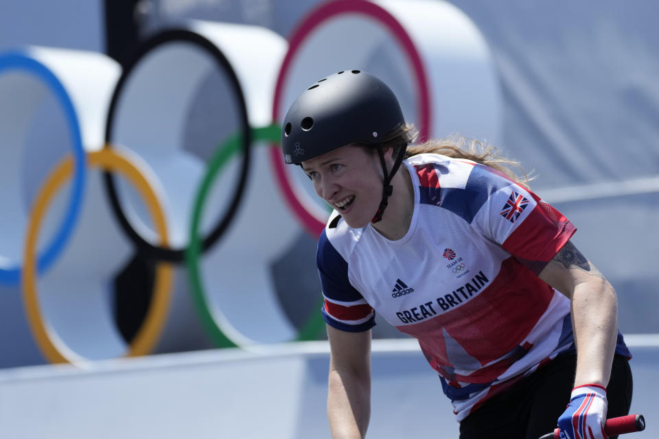 Charlotte Worthington of Britain competes in the women's BMX freestyle final at the 2020 Summer Olympics, Sunday, Aug. 1, 2021, in Tokyo, Japan. (AP Photo/Ben Curtis)