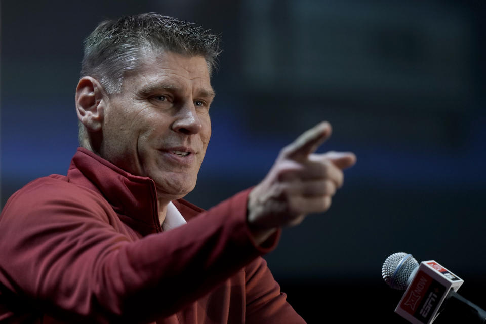 Oklahoma coach Porter Moser speaks to the media during Big 12 NCAA college basketball media day Wednesday, Oct. 20, 2021, in Kansas City, Mo. (AP Photo/Charlie Riedel)