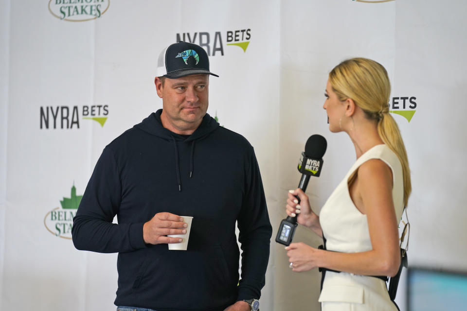 Trainer Doug O'Neill is interviewed after the post-position draw for the 153rd running of the Belmont Stakes horse race at Belmont Park in Elmont, N.Y., Tuesday, June 1, 2021. (AP Photo/Seth Wenig)