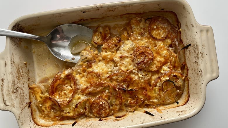 cheesy onion casserole in pan