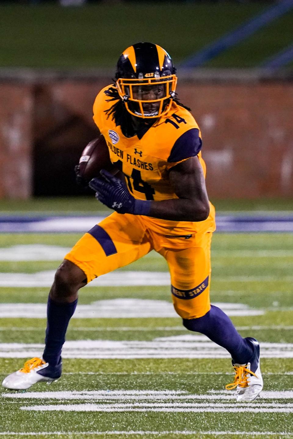 Kent State wide receiver Dante Cephas set career highs with 13 catches for 186 yards and three touchdowns during a victory over Buffalo last October at Dix Stadium.