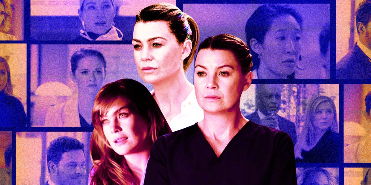 Collage of Ellen Pompeo as Dr. Meredith Grey, with multiple scenes from Grey's Anatomy behind her: Jessica Capshaw as Arizona Robbins, Justin Chambers as Alex Karev, Katherine Heigl as Izzie Stevens, Sandra Oh as Cristina Yang and Sarah Drew as April Kepner
