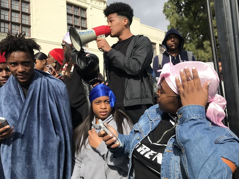 In a peaceful walkout at John Muir High School in Pasadena, Calif., students protested the ban against do-rags. (Photo: by Emily Cattouse for PASADENA NOW)