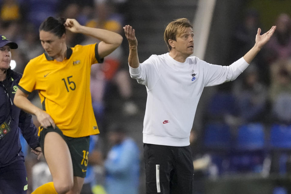 Australia's head coach Tony Gustavsson gestures during the international women's soccer match between the United States and Australia in Newcastle, Australia, Tuesday, Nov. 30, 2021. (AP Photo/Mark Baker)