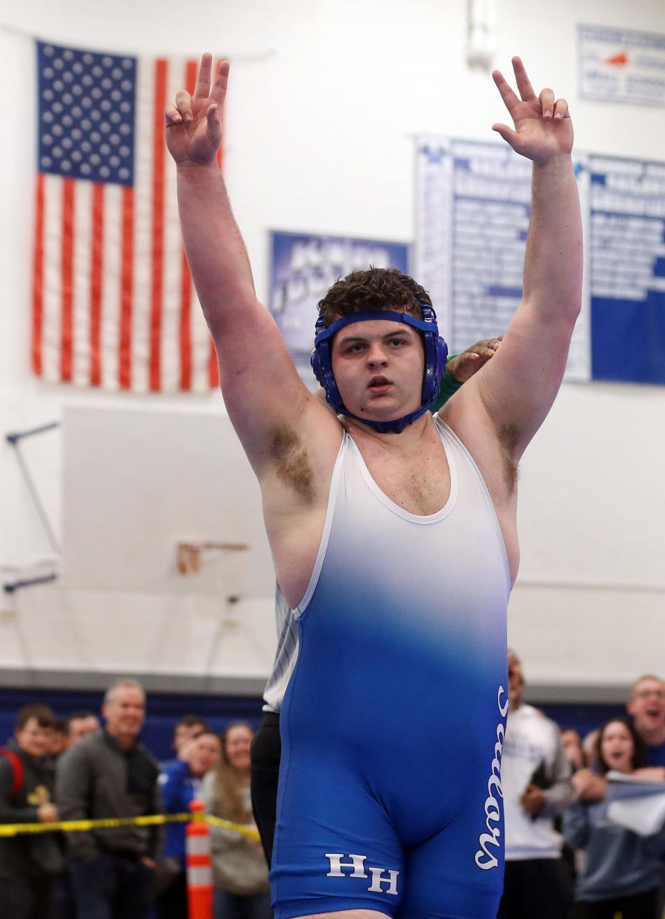 Hendrick Hudson's Mason Dietz celebrates his victory over Putnam Valley's Jaden Tesher in the 285-pound weight class during the Section 1 Division II wrestling championships at Hendrick Hudson High School in Montrose Feb. 11, 2023. 
