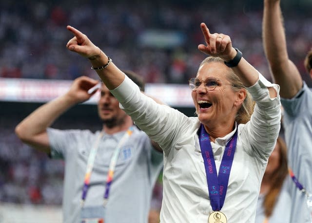 Sarina Wiegman celebrates after her Engladn side won Euro 2022 (Nick Potts/PA).