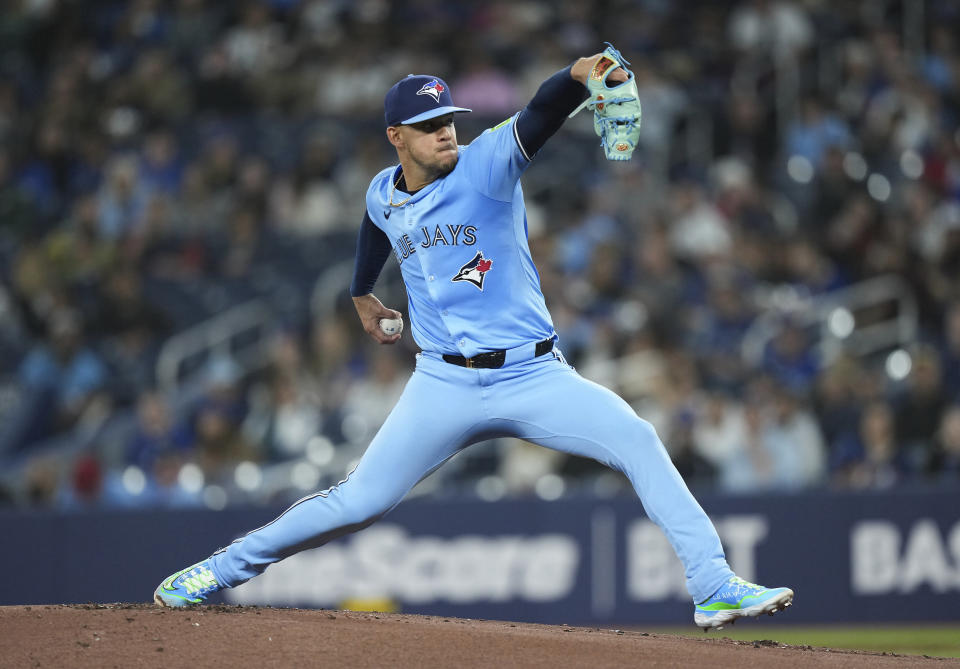 Toronto Blue Jays pitcher Jose Berrios (17) works against the Kansas City Royals during the first inning of a baseball game, Tuesday, April 30, 2024 in Toronto.(Nathan Denette/The Canadian Press via AP)