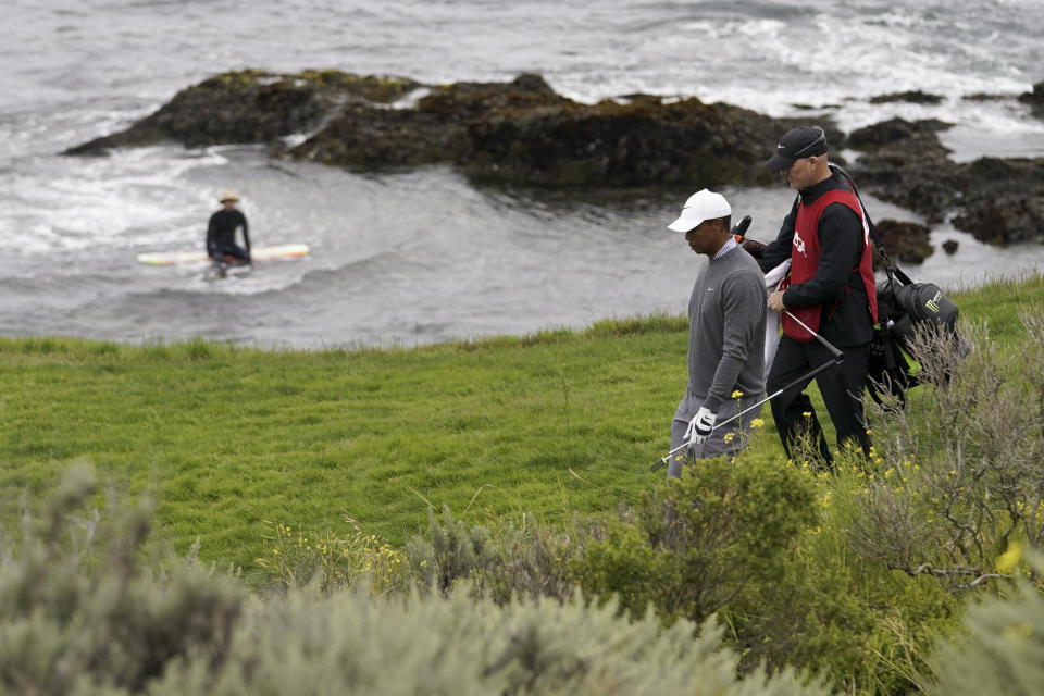 Tiger Woods walks to the seventh green during the third round of the U.S. Open Championship golf tournament, Saturday, June 15, 2019, in Pebble Beach, Calif. (AP Photo/Carolyn Kaster)