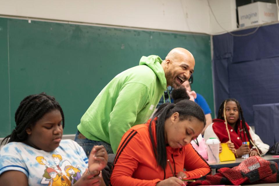 R.I.S.E. founder Damon Brown works with students at Northwestern Middle School on Thursday, March 23, 2023.