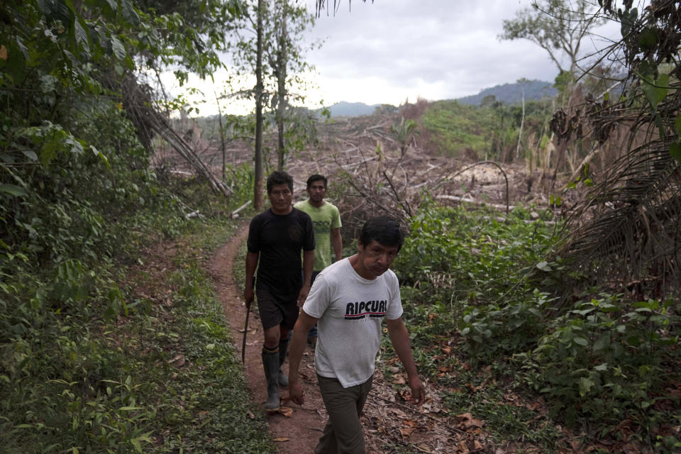 Residents of the Puerto Franco community walk near the limit of Cordillera Azul National Park in Peru's Amazon, Monday, Oct. 3, 2022. Residents in Kichwa Indigenous villages in Peru say they fell into poverty after the government turned their ancestral forest into a national park, restricted hunting and sold forest carbon credits to oil companies. (AP Photo/Martin Mejia)