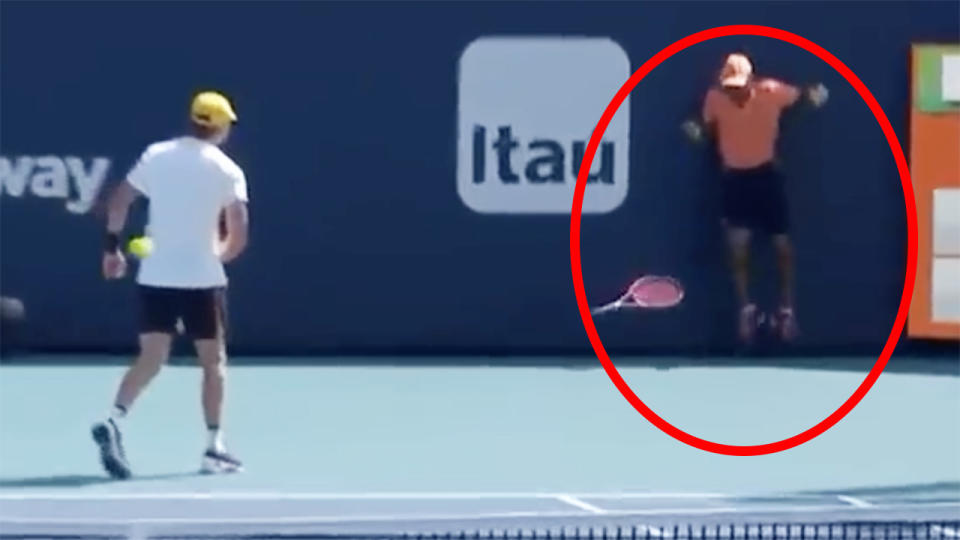 American player Jenson Brooksby has apologised after he became the latest player to send a ballkid ducking for cover during the Miami Open. Picture: Tennis TV