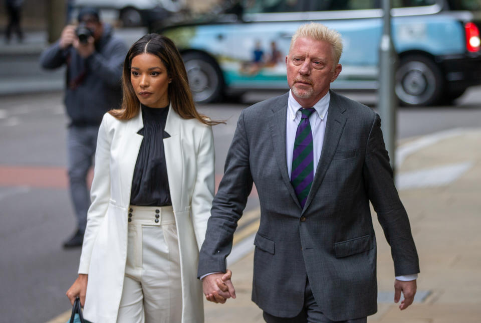 Boris Becker, pictured here arriving at court with girlfriend Lilian de Carvalho Monteiro.