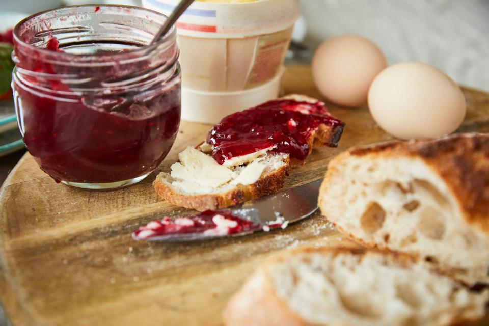 strawberry jam and toast condiments breakfast baguette  eggs