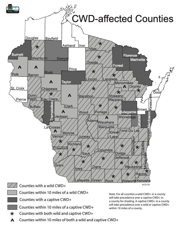 A 2023 map shows CWD-affected counties in Wisconsin.