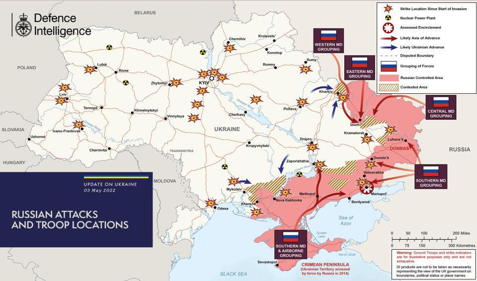 Russia renewed its offensive on the south east of Ukraine after failing to take the capital of Kyiv (MoD)