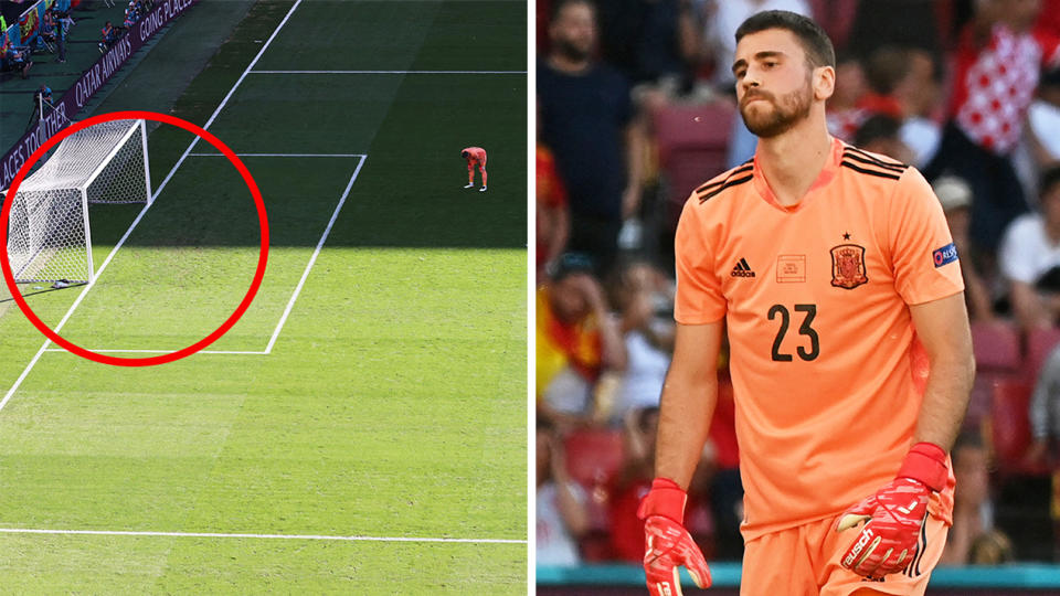 Unai Simon (pictured right) devastated after letting the ball past him, resulting in an own goal (pictured left).