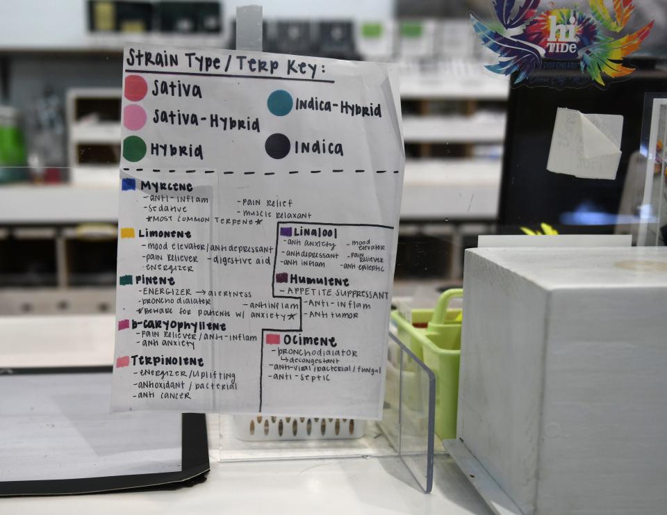 Information sheet on marijuana strain types and terpenes at Hi Tide Medical Cannabis Dispensary Tuesday, Jan. 31, 2023, in Ocean City, Maryland.