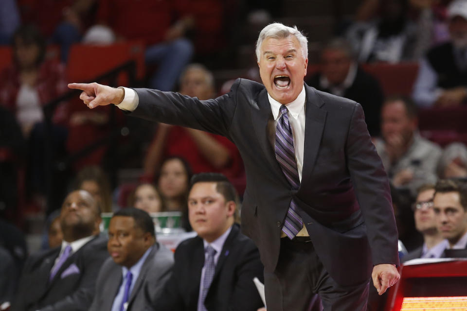 Kansas State head coach Bruce Weber shouts to his team in the second half of an NCAA college basketball game against Oklahoma in Norman, Okla., Saturday, Jan. 4, 2020. (AP Photo/Sue Ogrocki)