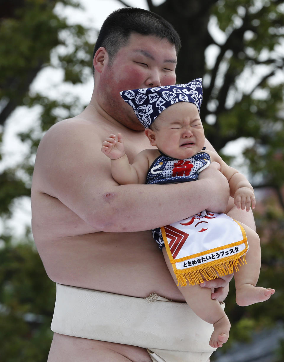 An unidentified baby, held by a college sumo wrester, cries during Naki Sumo, or Crying Baby Contest, as a judge looks on at Sensoji temple in Tokyo Monday, April 29, 2013. The babies born in 2012 participated in the annual traditional ritual performed as a prayer for their healthy growth.