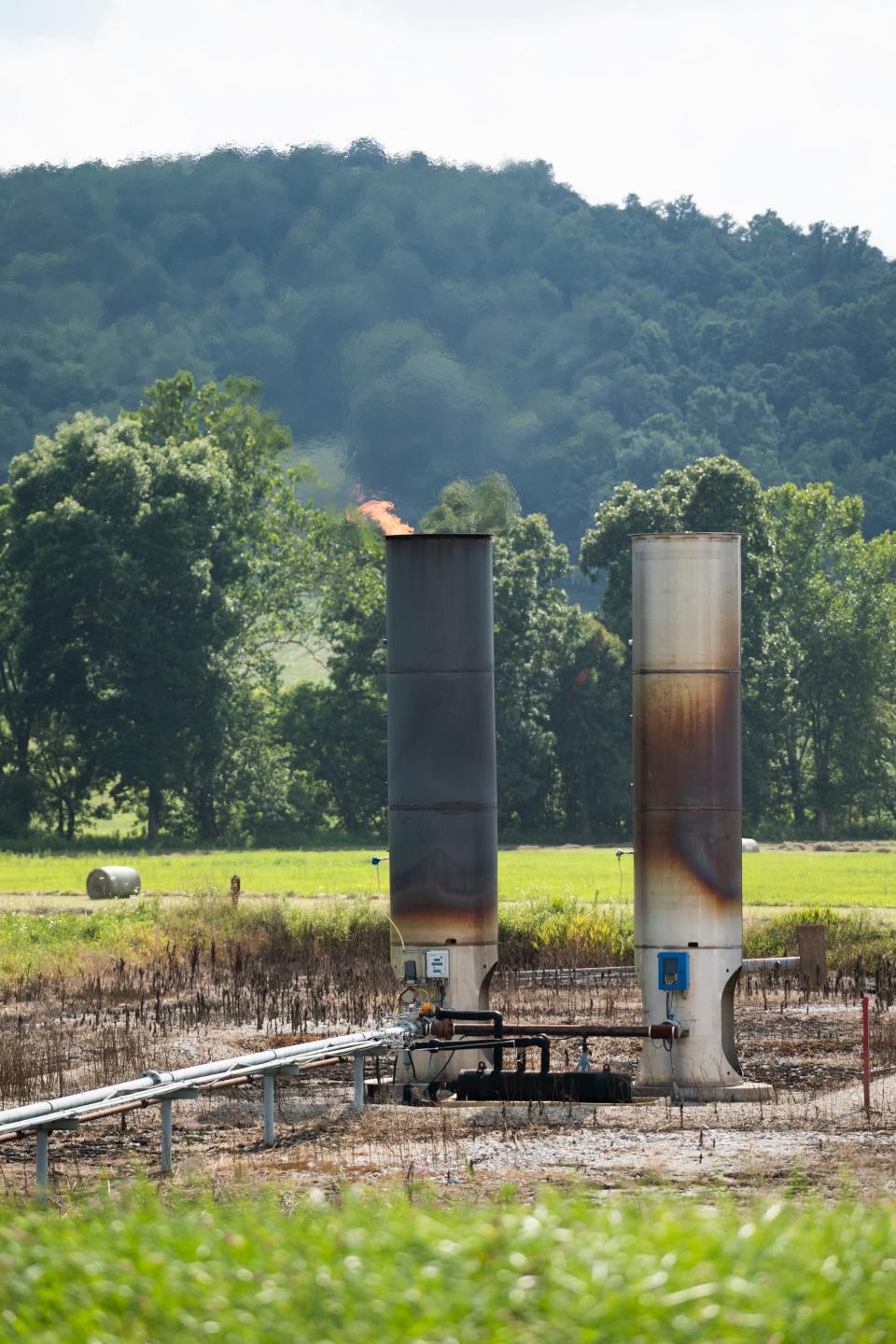 Aug 4, 2023; Cambridge, Ohio, USA; A well pad in Guernsey County. Applications have come in to frack beneath Salt Fork State Park in Guernsey County and Wolf Run State Park in Noble County