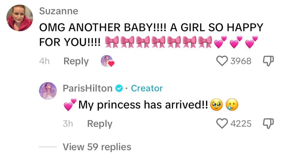 Hilton's response to a comment suggested that her daughter has been born.