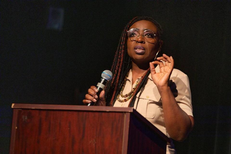 Dr. Christ-Ann Magloire, an OB-GYN who used to care for patients at North Shore Hospital talks during Birth Justice Film Screening and a panel discussion in Little Haiti Cultural Center on Saturday, April 13, 2024. The event was hosted by the Southern Birth Justice Network.