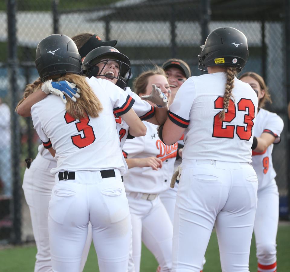 Marlboro's softball team celebrates winning the New York State Softball Championship semifinal over Wellsville on June 9, 2023. 