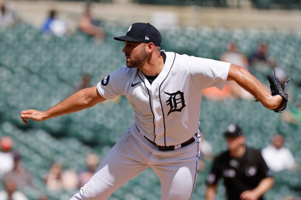 Tigers starting pitcher Michael Fulmer pitches in the eighth inning against May 12, 2022 the Athletics at Comerica Park.