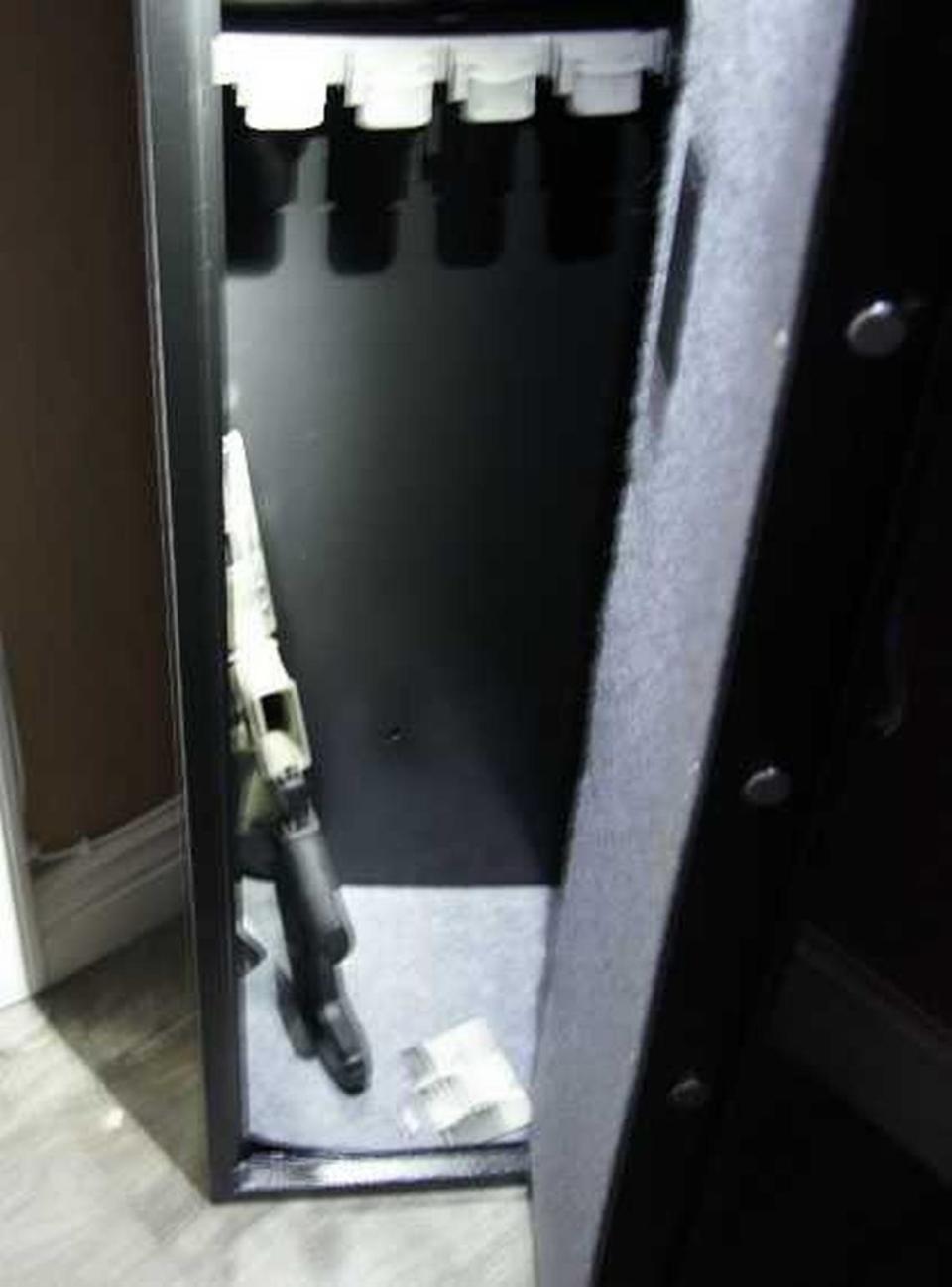 In an image included by federal prosecutors in a criminal complaint against Ruby Uribe, a non-serialized short-barreled rifle is seen in a safe inside Uribe’s home. The weapon was seized by federal authorities following a court-ordered search of her Antelope home.