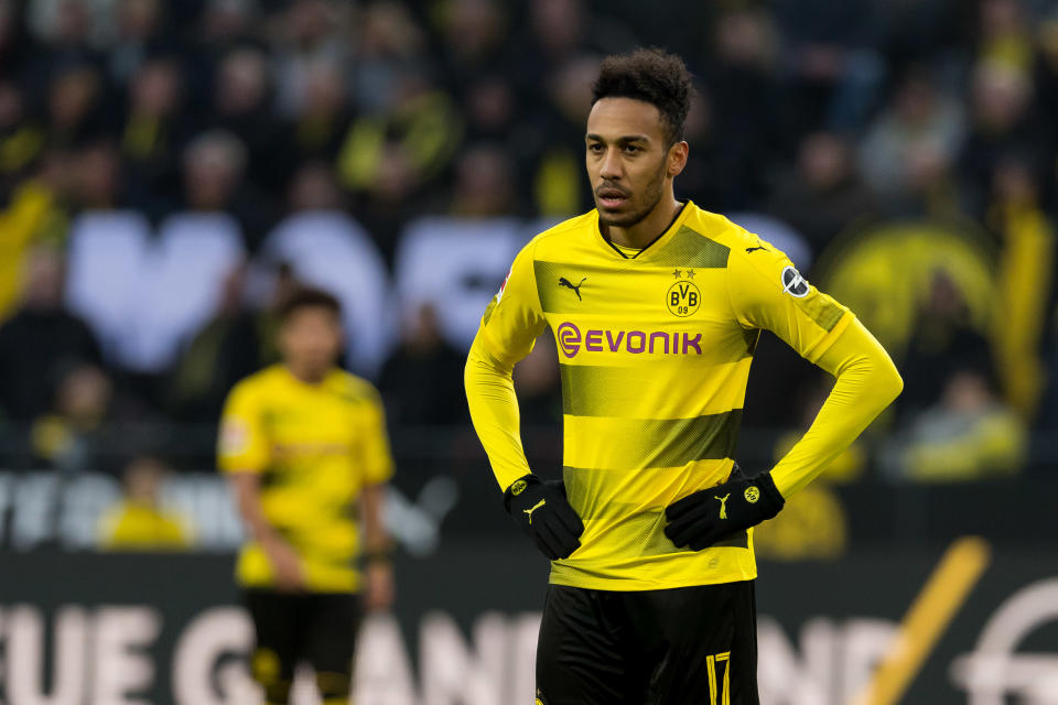 Pierre-Emerick Aubameyang played for Borussia Dortmund this weekend, it appears to be off to Arsenal. (Getty)