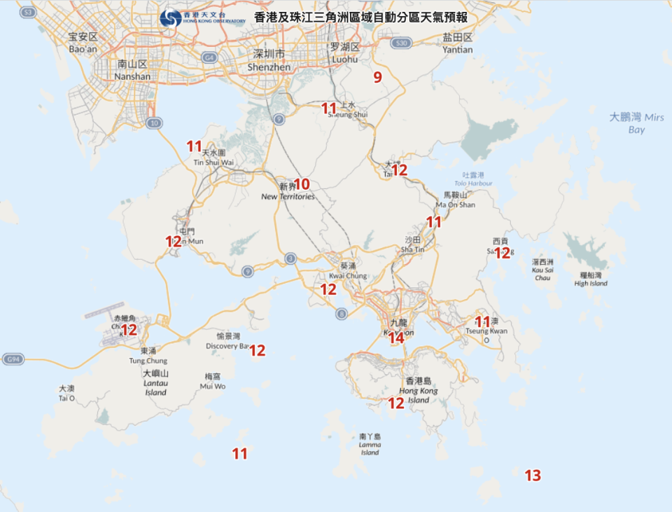 香港及珠江三角洲區域自動分區天氣預報，預期 12 月 17 日 04 時，打鼓嶺只有 9 度。（資料擷取時間：2023 年 12 月 12 日 11 時 40 分）