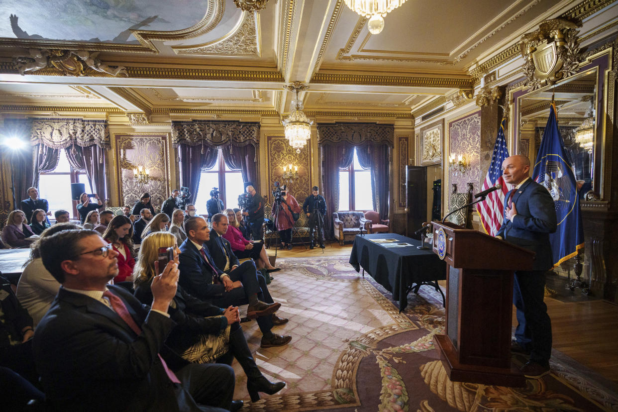 Gov. Spencer Cox speaks before signing two social media regulation bills during a ceremony at the Capitol building in Salt Lake City on Thursday, March 23, 2023. Cox signed a pair of measures that aim to limit when and where children can use social media and stop companies from luring kids to the sites. (Trent Nelson/The Salt Lake Tribune via AP)