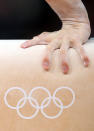 A detail view of an athlete's hand on the pommel horse with the Olympic rings in the Artistic Gymnastics Men's Individual All-Around final on Day 5 of the London 2012 Olympic Games at North Greenwich Arena on August 1, 2012 in London, England. (Photo by Ezra Shaw/Getty Images)