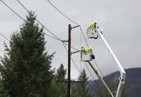 Crews work to restore power lines along Issaquah-Hobart Road Southeast in Issaquah, Washington December 10, 2015. REUTERS/Jason Redmond