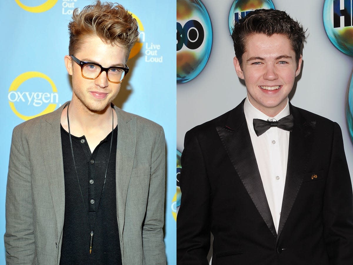 On the left, Cameron Mitchell in a gray blazer in front of blue background. On the right, Damian McGinty in black suit with bowtie in front of white background.