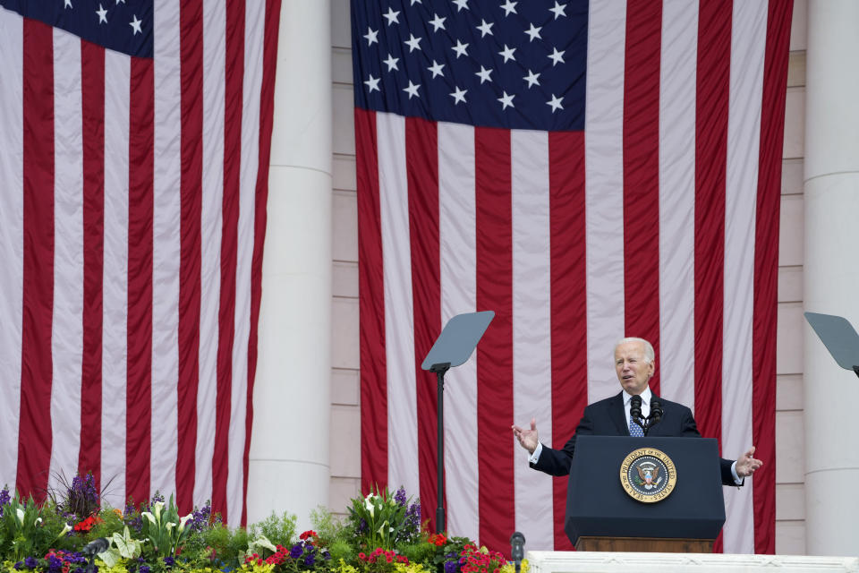 President Joe Biden speaks at the Memorial Amphitheater of Arlington National Cemetery in Arlington, Va., on Memorial Day, Monday, May 29, 2023. (AP Photo/Susan Walsh)