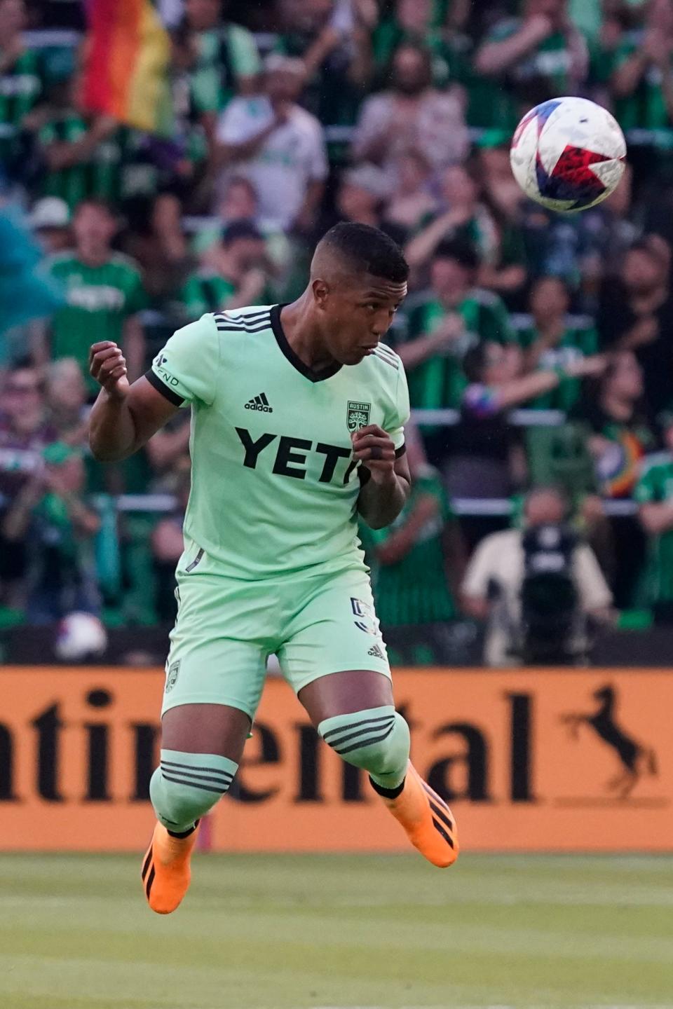 June 3, 2023;  Austin, Texas, USA;  Austin FC midfielder Jhojan Valencia (5) heads the ball during the first half at Q2 Stadium.