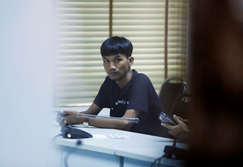 Panupong Jadnok, a pro-democracy student, one of the leaders of Thailand's recent anti-government protests, is pictured after being arrested, at the police station in Bangkok